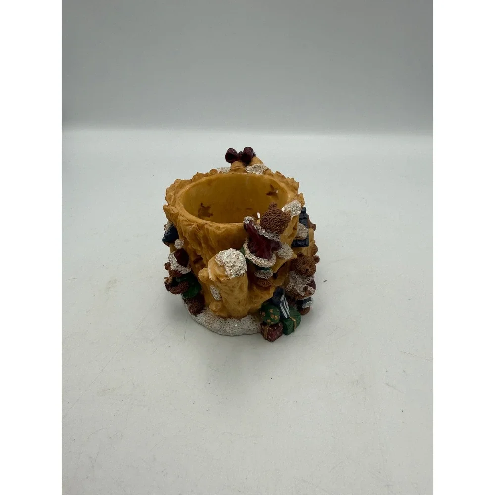 Vintage Christmas Teddy Bear Tree Stump Teapot Votive Candle Holder Resin Decor